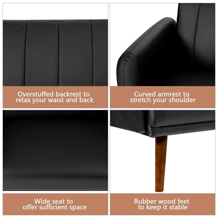 Canapé-lit futon convertible en cuir PU, canapé-lit réglable avec pieds en bois - 81 x 33,5 x 31,5 (L x l x H)