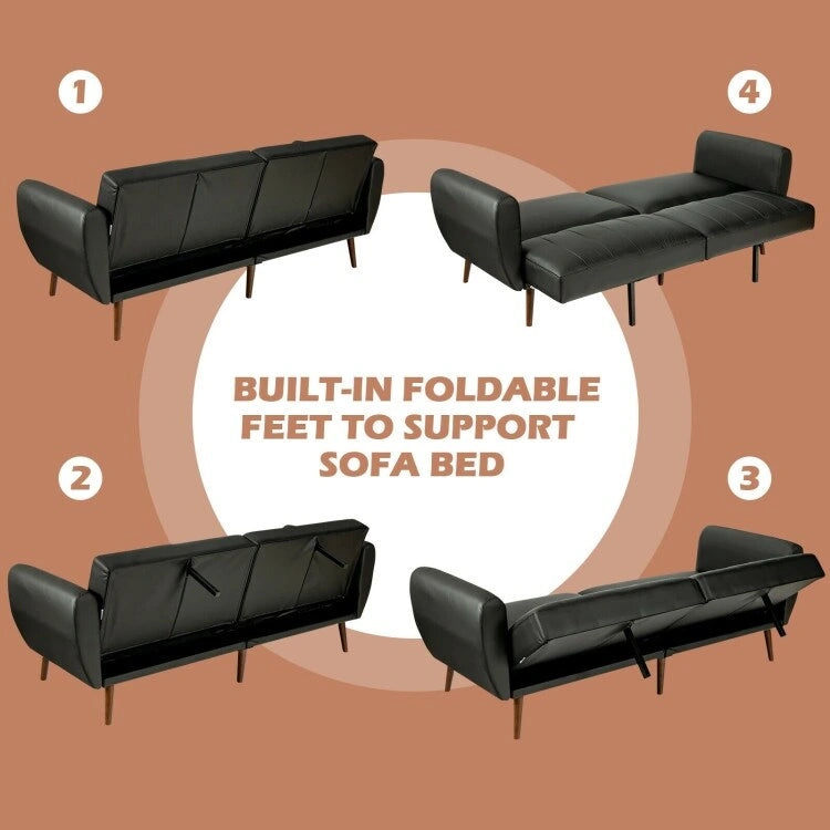 Canapé-lit futon convertible en cuir PU, canapé-lit réglable avec pieds en bois - 81 x 33,5 x 31,5 (L x l x H)
