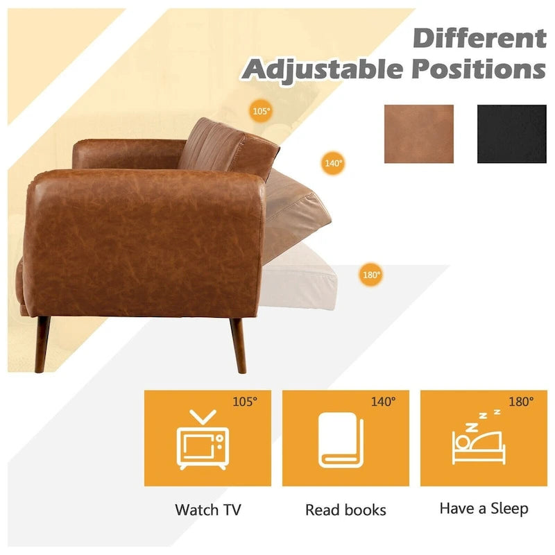 Canapé-lit futon convertible en cuir PU, canapé-lit réglable avec pieds en bois - 81 x 33,5 x 31,5 (L x l x H)