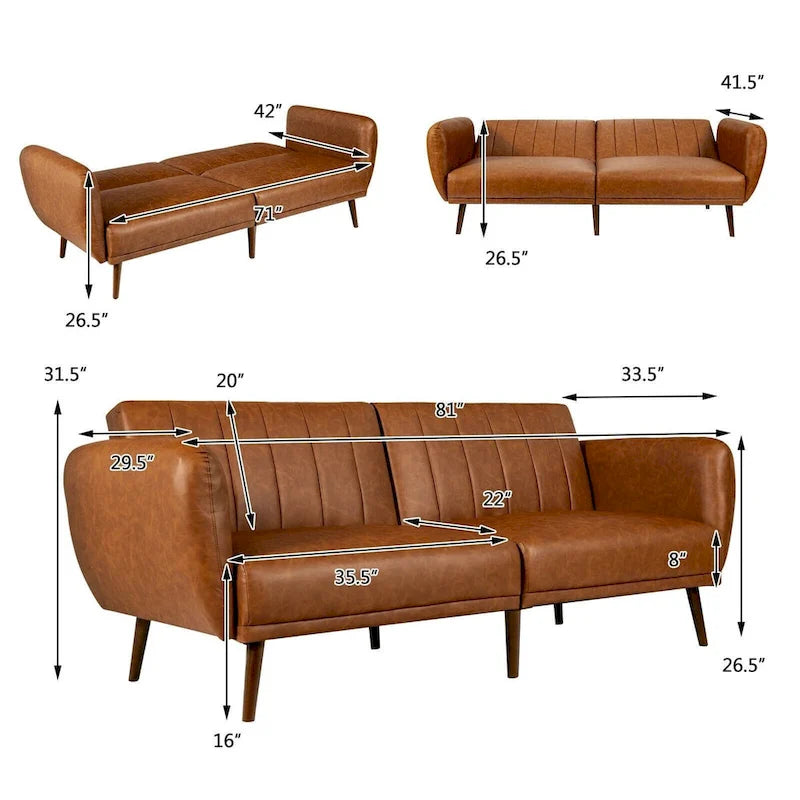 Canapé-lit futon convertible en cuir PU, canapé-lit réglable avec pieds en bois - 81 x 33,5 x 31,5 (L x l x H)