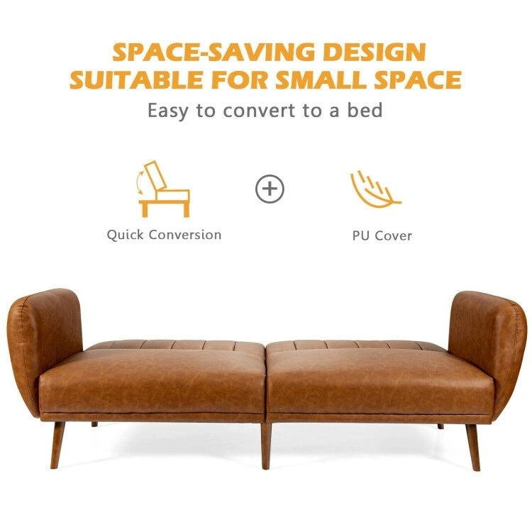 Canapé-lit futon convertible en cuir PU, canapé-lit réglable avec pieds en bois - 81 x 33,5 x 31,5 (L x l x H)