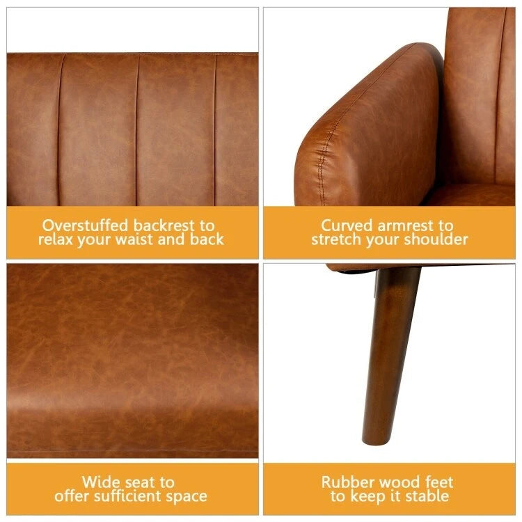 Canapé-lit futon convertible en cuir PU, canapé-lit réglable avec pieds en bois - 81 x 33,5 x 31,5 (L x l x H)