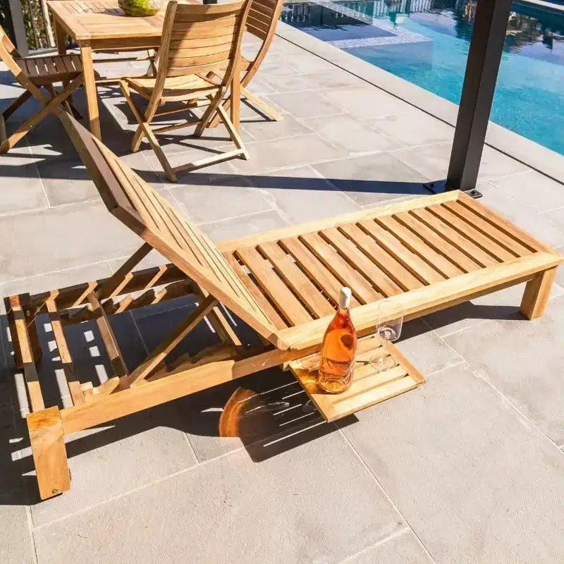 Nordic Teak Natural Outdoor Chaise Lounger with Side Table - Beige