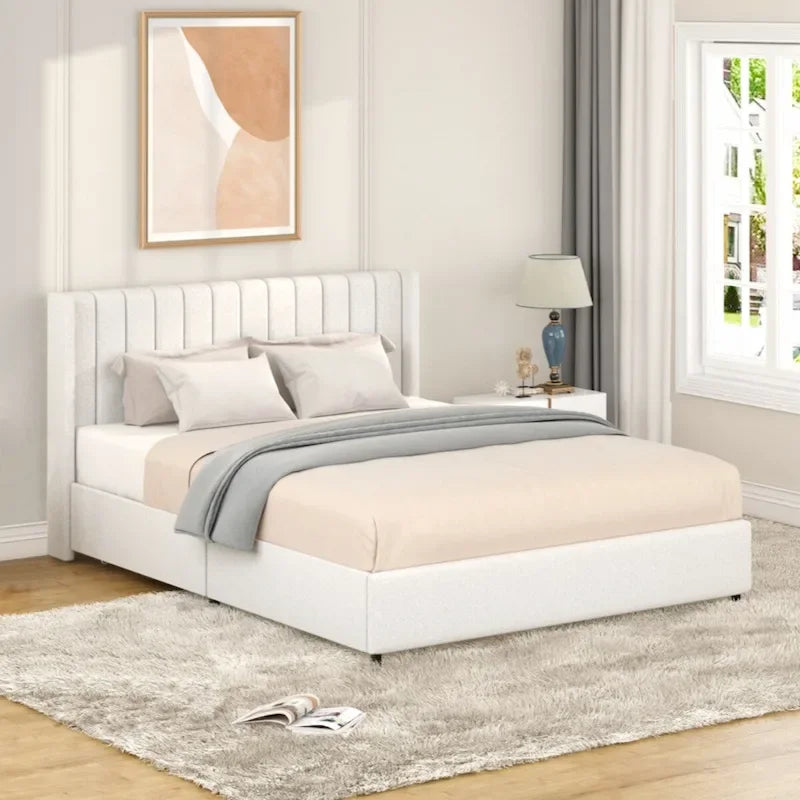 Lit plateforme tapissé couleur ivoire avec 4 tiroirs de rangement, taille Queen