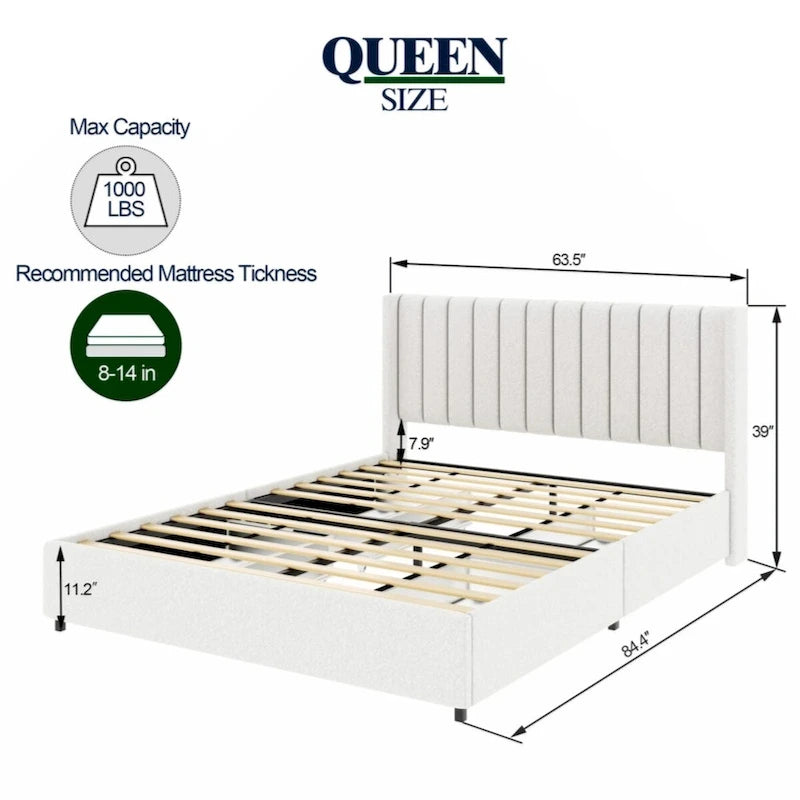 Lit plateforme tapissé couleur ivoire avec 4 tiroirs de rangement, taille Queen
