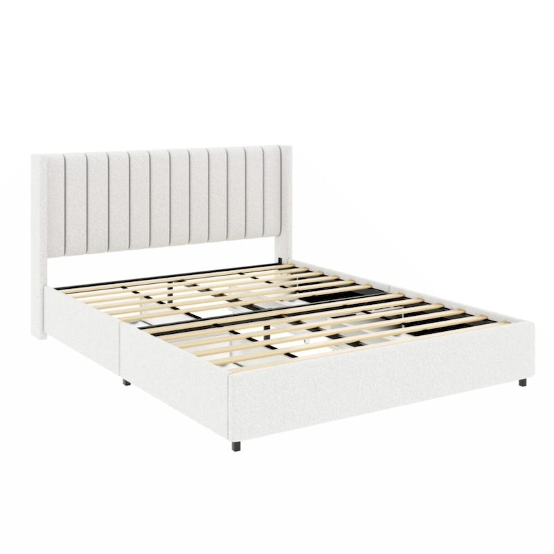 Lit plateforme tapissé couleur ivoire avec 4 tiroirs de rangement, taille Queen