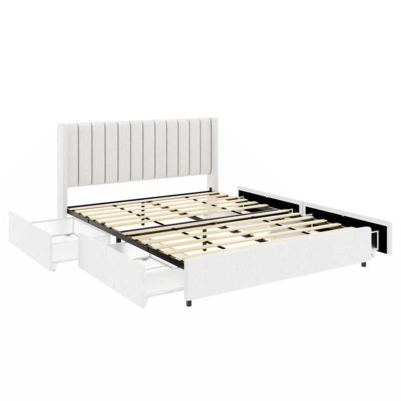Lit plateforme tapissé couleur ivoire avec 4 tiroirs de rangement, taille Queen