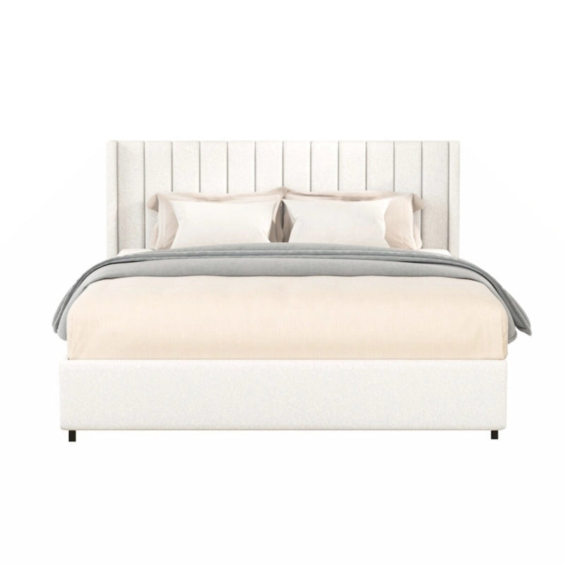 Lit plateforme tapissé couleur ivoire avec 4 tiroirs de rangement, taille Queen