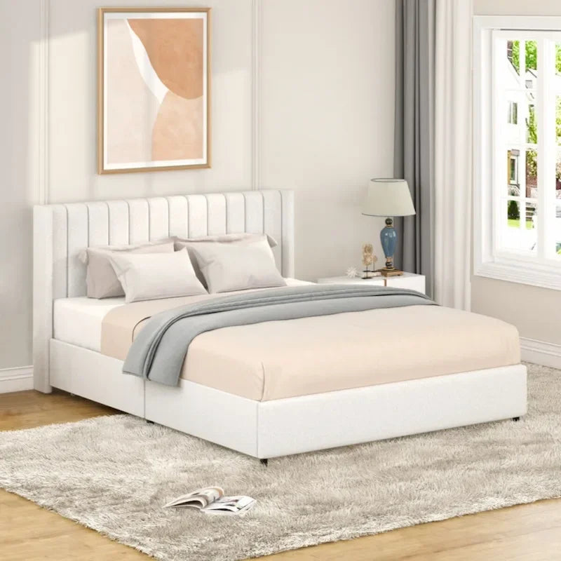 Lit plateforme tapissé couleur ivoire avec 4 tiroirs de rangement, taille Queen