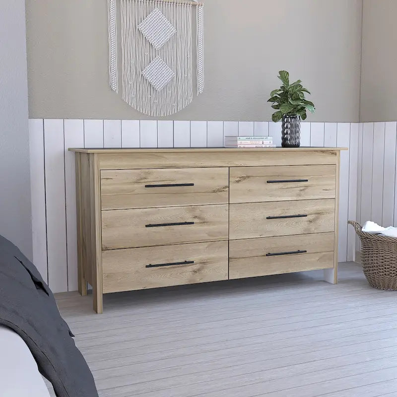 Commode rectangulaire 6 tiroirs chêne clair et blanc
