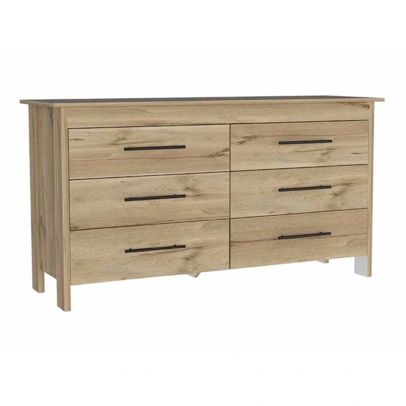 Commode rectangulaire 6 tiroirs chêne clair et blanc