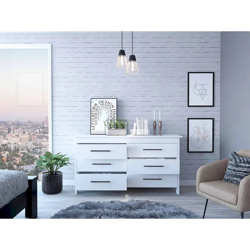 Commode rectangulaire 6 tiroirs chêne clair et blanc