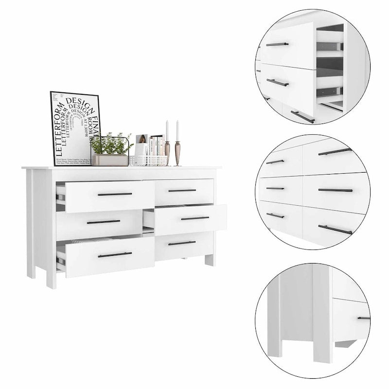Commode rectangulaire 6 tiroirs chêne clair et blanc