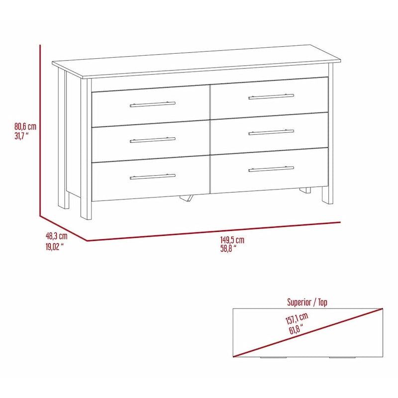 Commode rectangulaire 6 tiroirs chêne clair et blanc