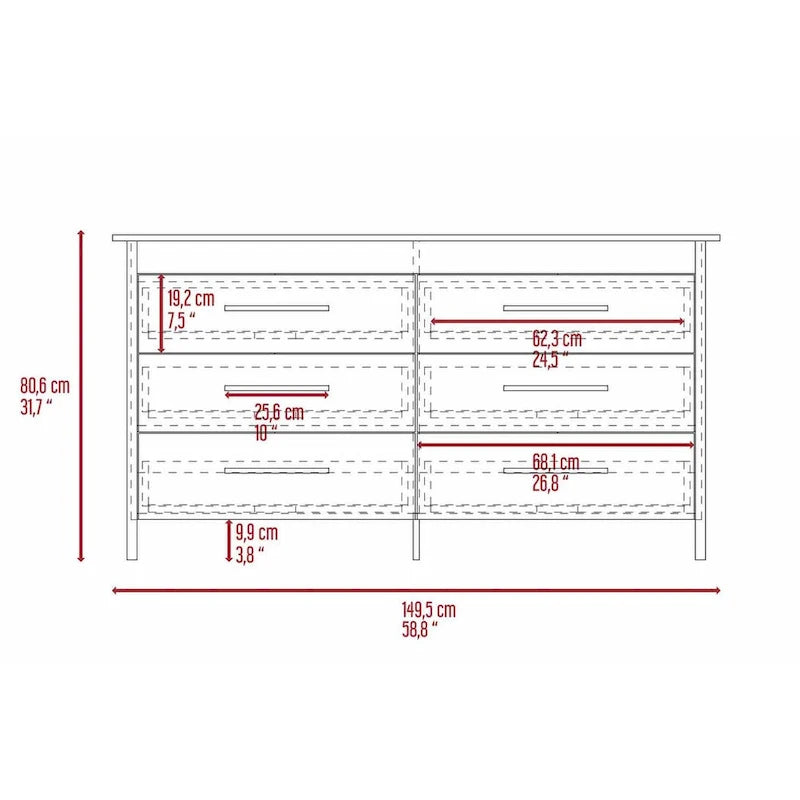 Commode rectangulaire 6 tiroirs chêne clair et blanc