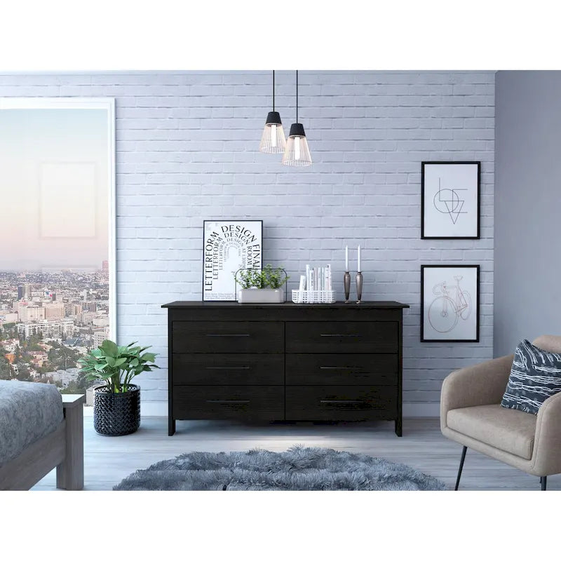 Commode rectangulaire 6 tiroirs chêne clair et blanc