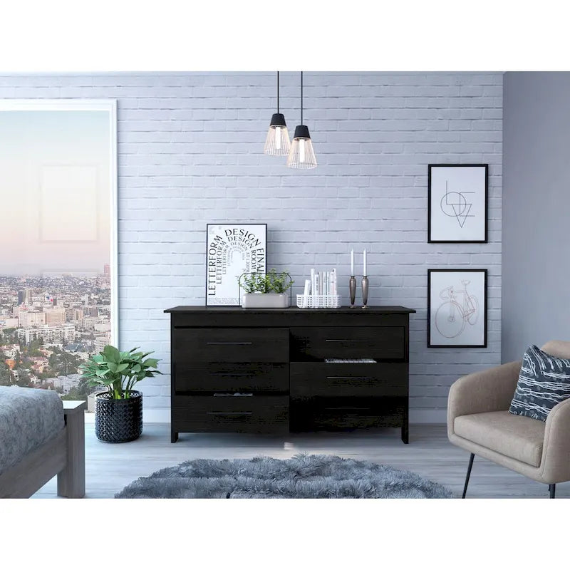 Commode rectangulaire 6 tiroirs chêne clair et blanc