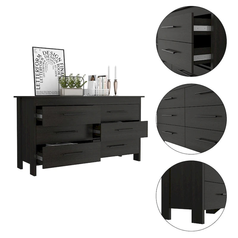 Commode rectangulaire 6 tiroirs chêne clair et blanc