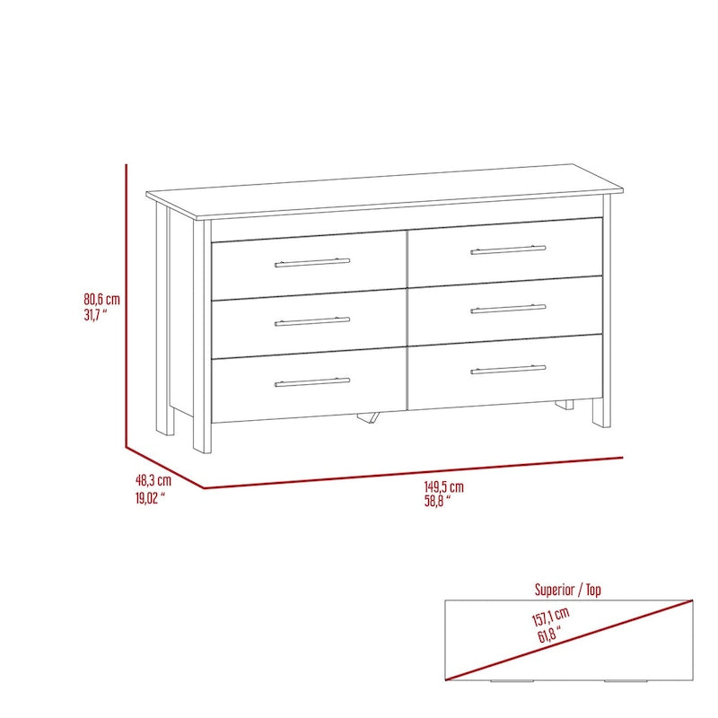 Commode rectangulaire 6 tiroirs chêne clair et blanc