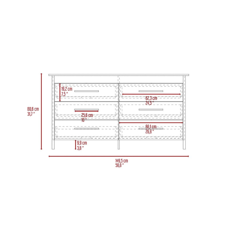Commode rectangulaire 6 tiroirs chêne clair et blanc