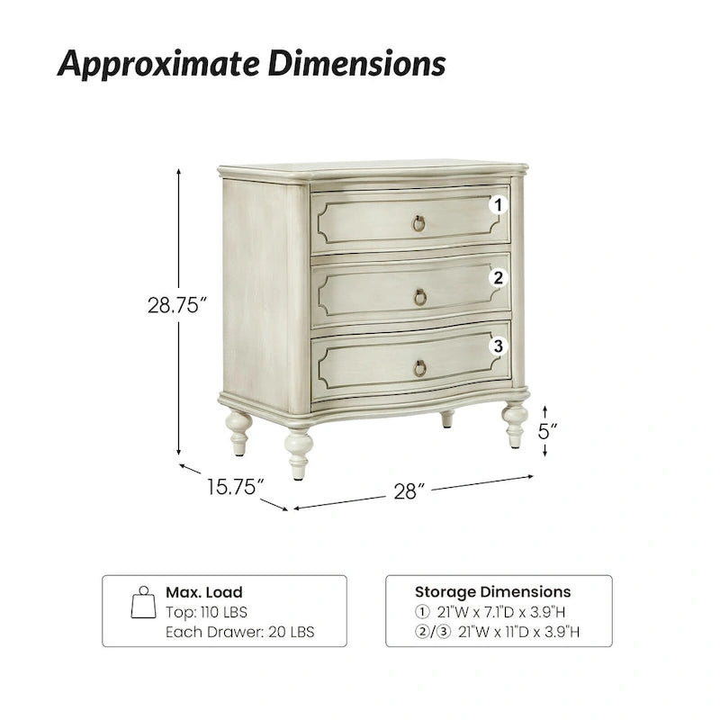 Table de chevet traditionnelle à 3 tiroirs avec pieds fuseaux en bois massif, 2