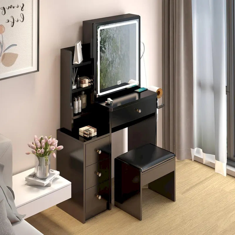 Coiffeuse d'angle gauche avec miroir LED, station d'alimentation USB et tabouret rembourré
