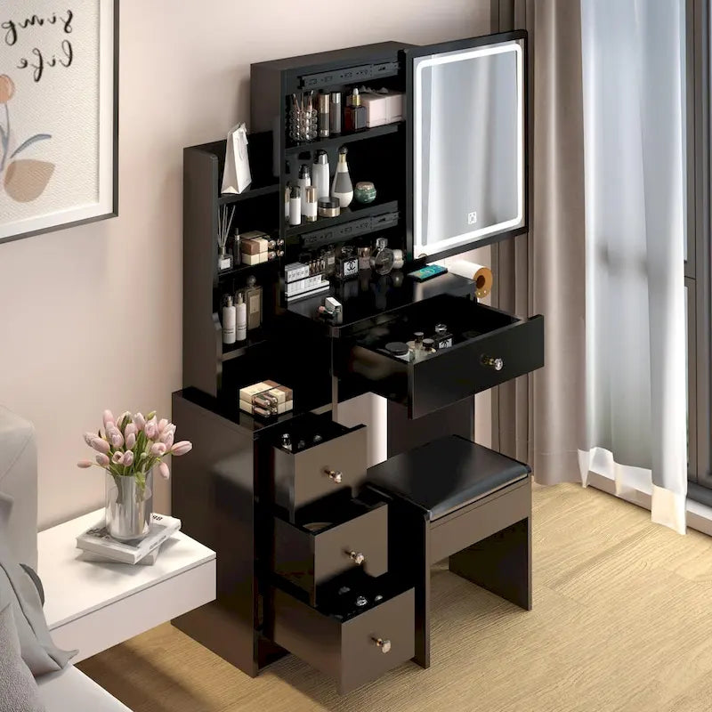 Coiffeuse d'angle gauche avec miroir LED, station d'alimentation USB et tabouret rembourré