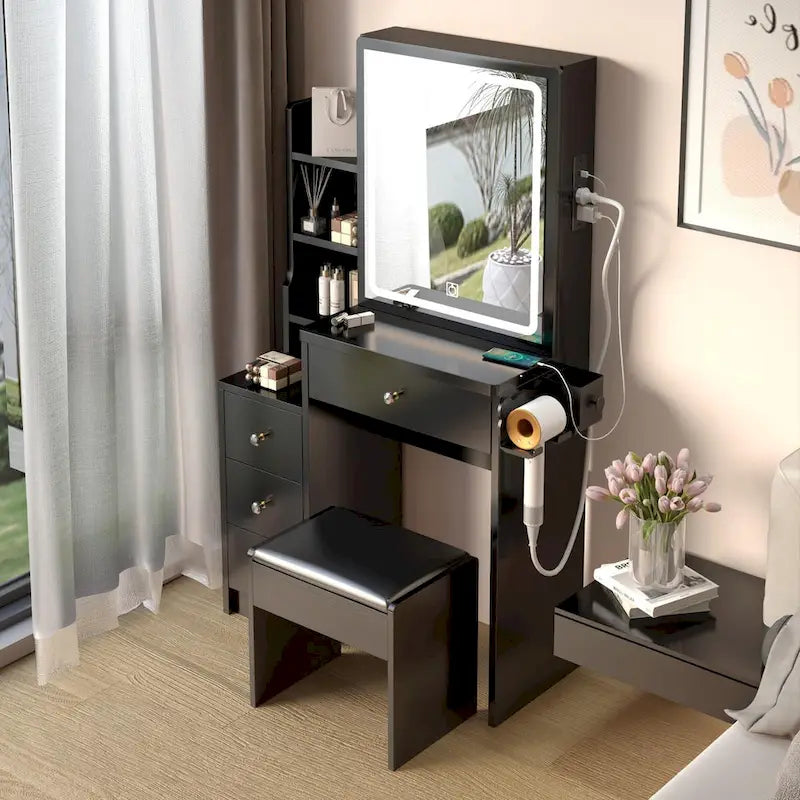 Coiffeuse d'angle gauche avec miroir LED, station d'alimentation USB et tabouret rembourré