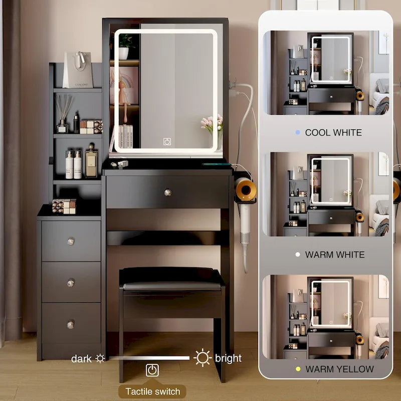 Coiffeuse d'angle gauche avec miroir LED, station d'alimentation USB et tabouret rembourré