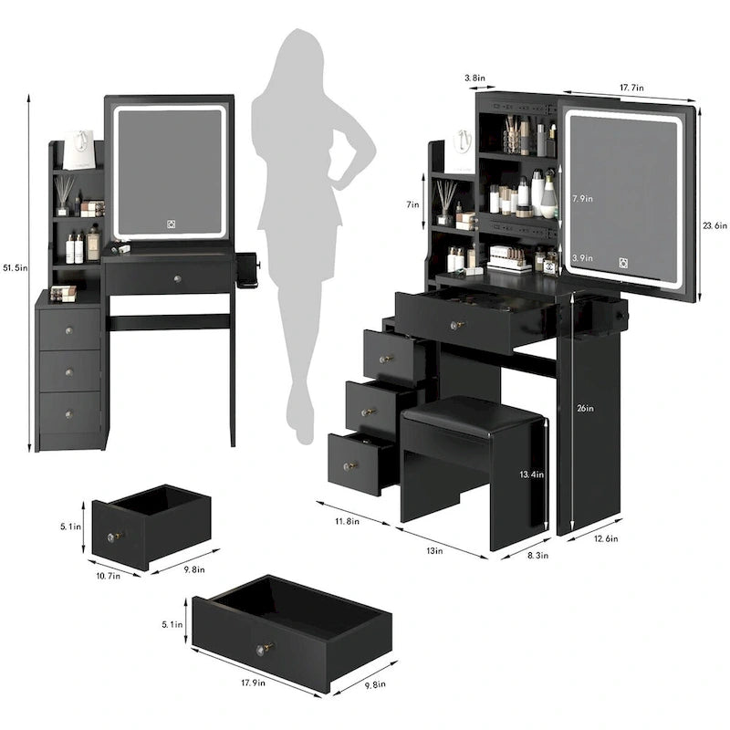 Coiffeuse d'angle gauche avec miroir LED, station d'alimentation USB et tabouret rembourré