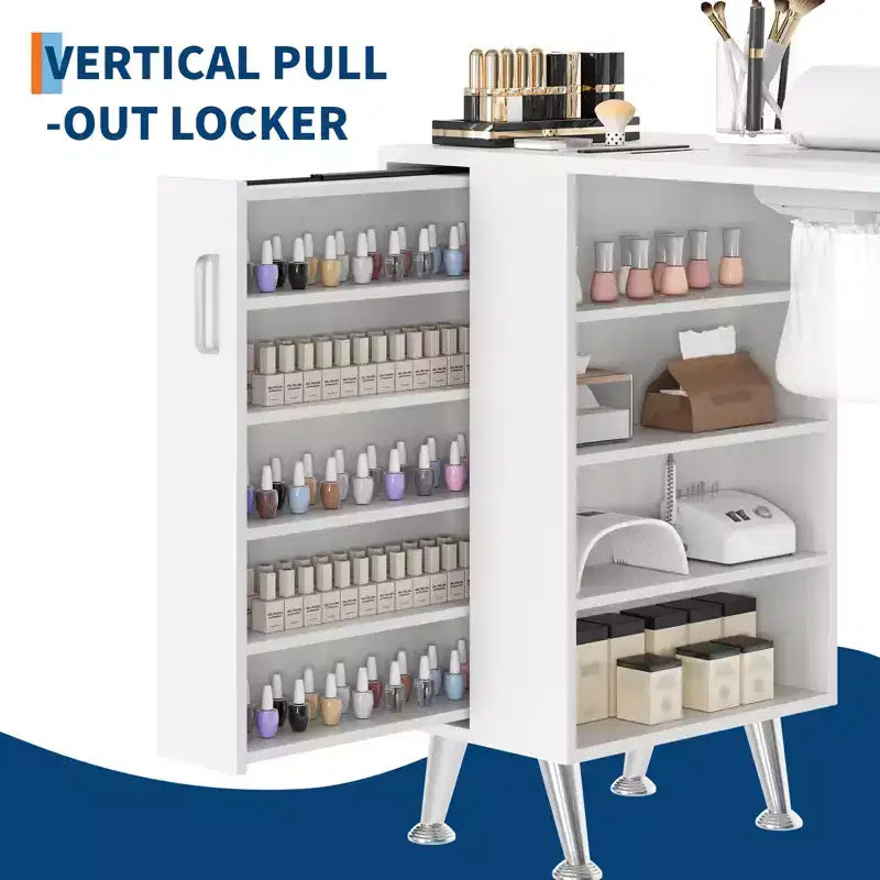 Table de manucure 42 pouces pour styliste ongulaire avec collecteur de poussière et repose-poignet, bureau pour ongles avec casier vertical coulissant, 1 armoire de rangement, 2 tiroirs