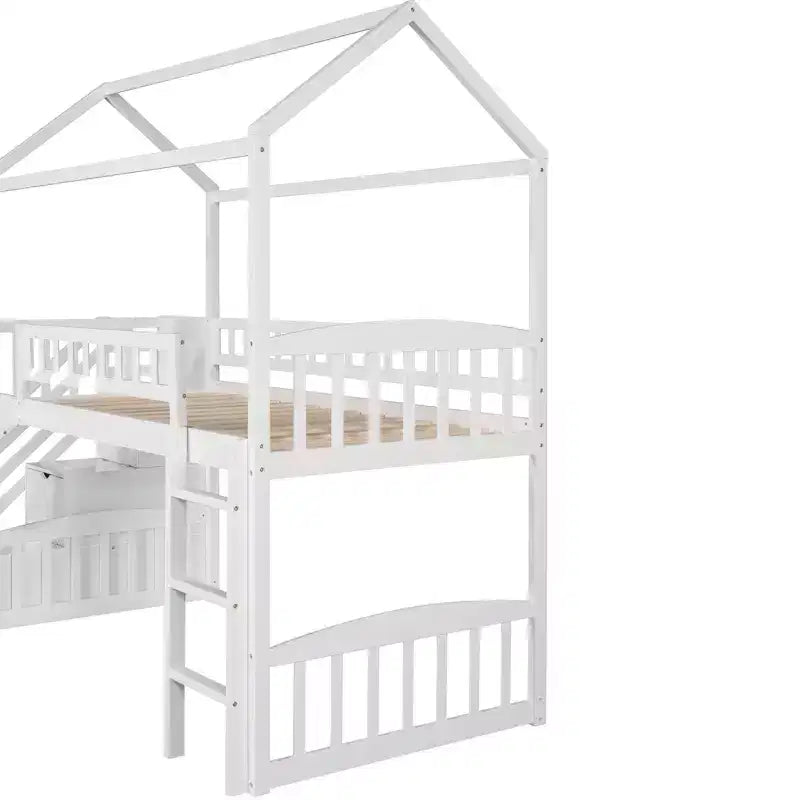 Lit mezzanine jumeau avec toboggan et escalier, lit mezzanine avec tiroirs de rangement, lit mezzanine cabane en bois pour enfants et tout-petits