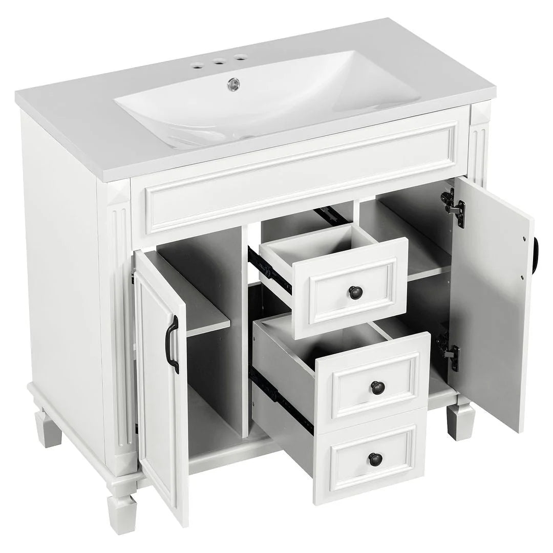 Meuble-lavabo de salle de bain moderne de 91 cm avec lavabo et armoire de toilette, 2 portes et 2 tiroirs
