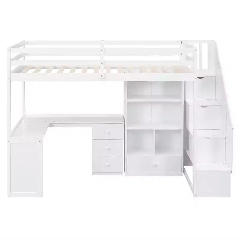 Lit mezzanine une place avec bureau en L, 3 tiroirs, placard, rangements intégrés dans l'escalier, en pin massif/MDF