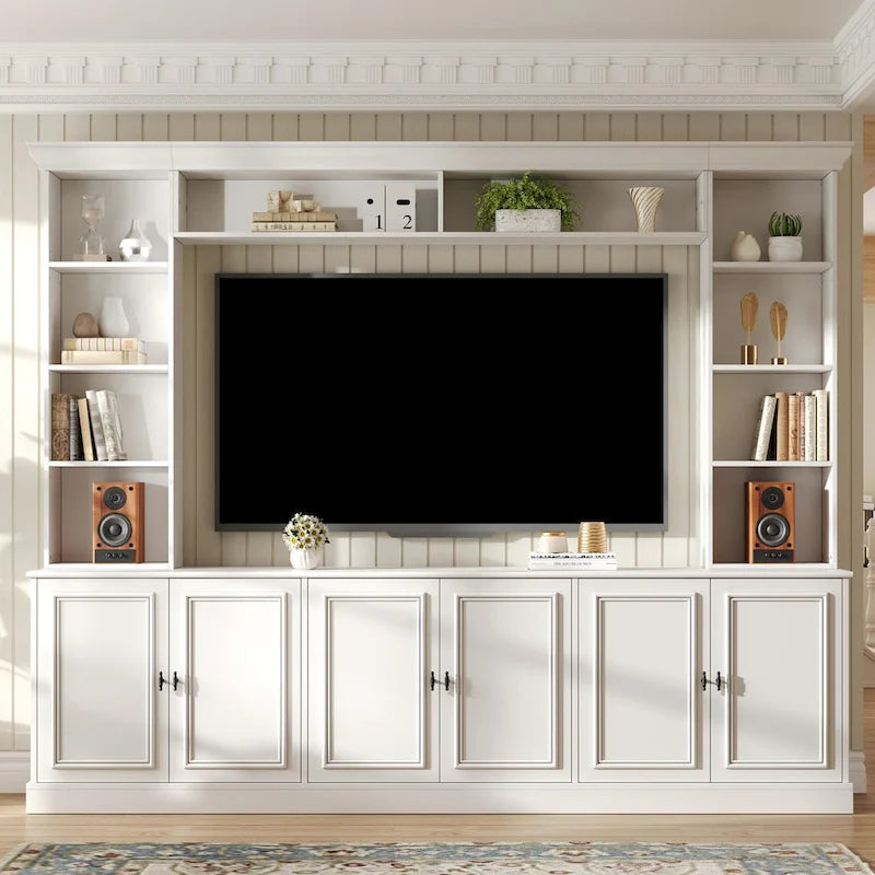 Ensemble mural de 4 meubles TV avec pont pour téléviseurs jusqu'à 70 pouces, meuble TV avec étagères réglables, grande console multimédia