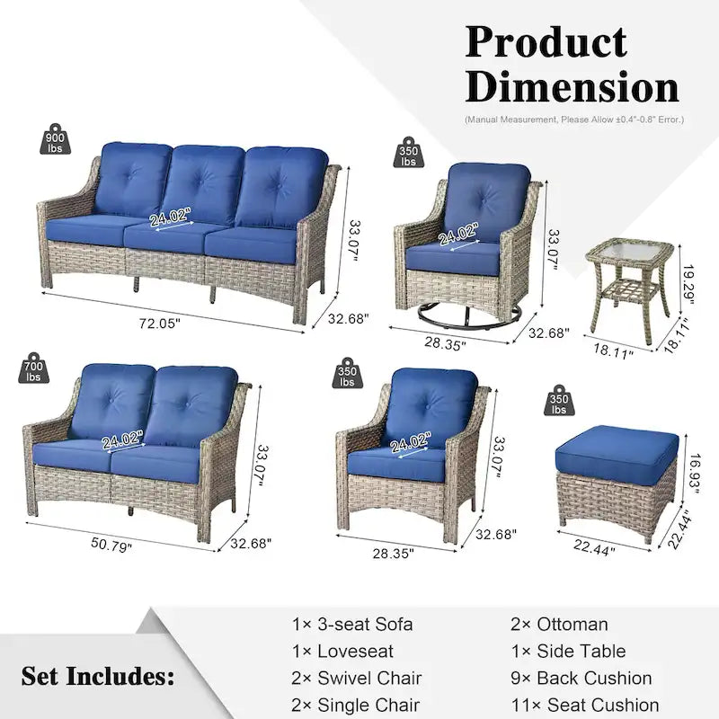 Ensemble de conversation de jardin 9 pièces XIZZI avec fauteuil pivotant
