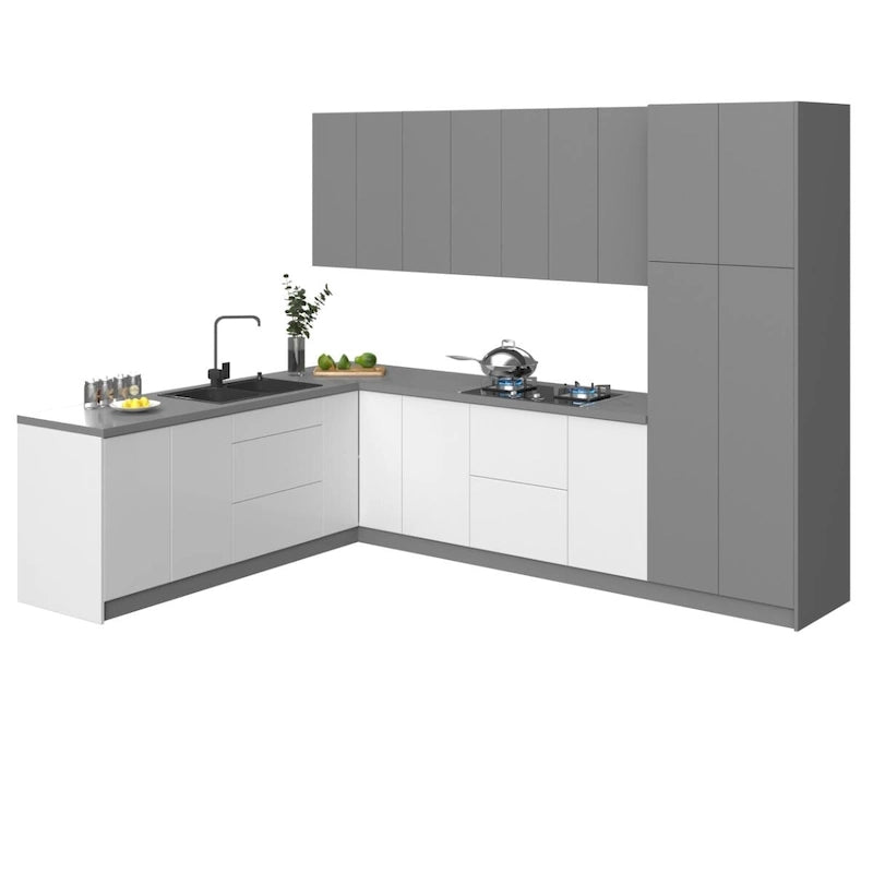 Collection Harmonie de Cuisine Blanc Brillant et Gris Socle Taille 8x10 pieds de large - 126x96