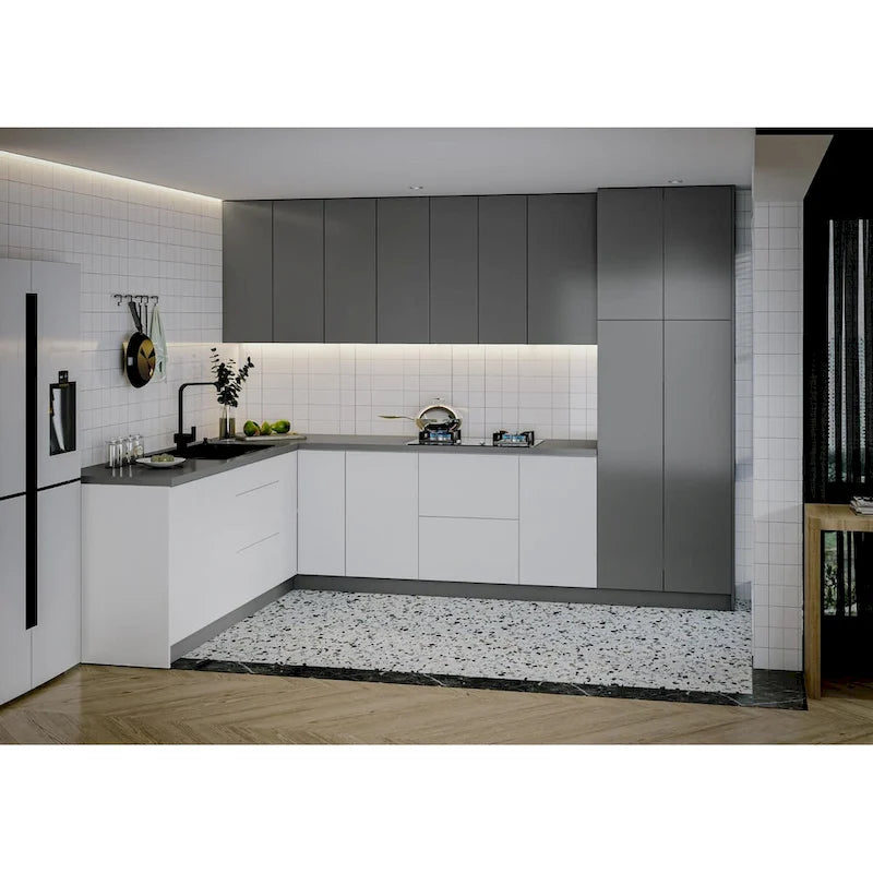 Collection Harmonie de Cuisine Blanc Brillant et Gris Socle Taille 8x10 pieds de large - 126x96