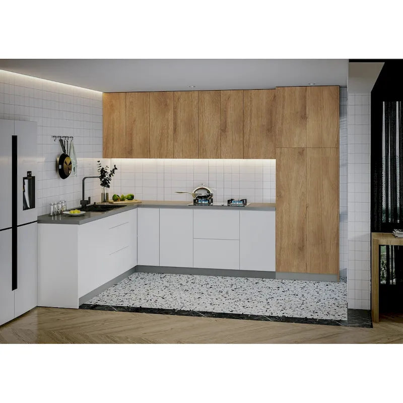 Collection Harmonie de Cuisine Blanc Brillant et Gris Socle Taille 8x10 pieds de large - 126x96