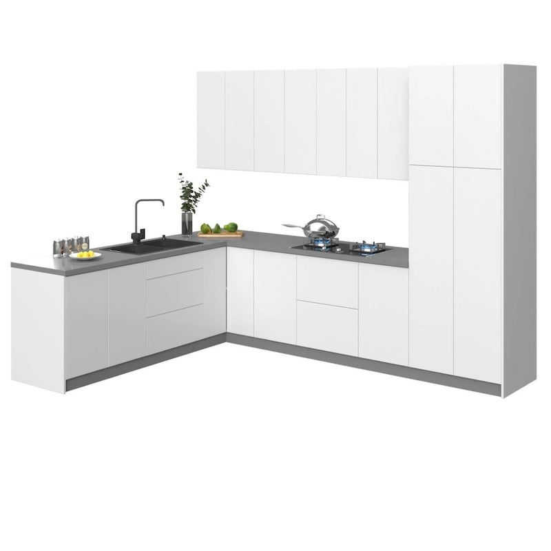 Collection Harmonie de Cuisine Blanc Brillant et Gris Socle Taille 8x10 pieds de large - 126x96