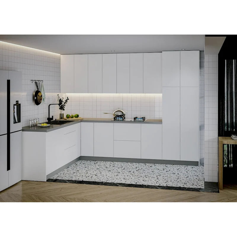 Collection Harmonie de Cuisine Blanc Brillant et Gris Socle Taille 8x10 pieds de large - 126x96