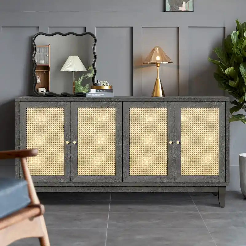 Roomfitters Armoire Buffet en Bois Fait Main de Qualité Supérieure avec 4 Portes en Rotin