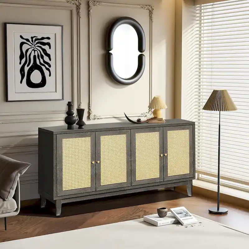 Roomfitters Armoire Buffet en Bois Fait Main de Qualité Supérieure avec 4 Portes en Rotin