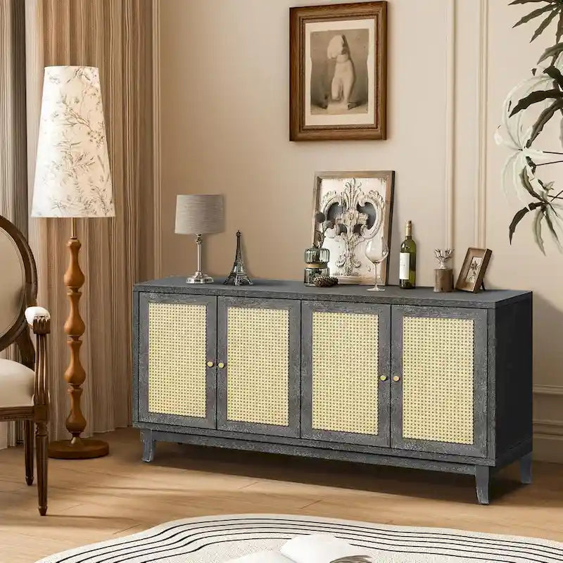 Roomfitters Armoire Buffet en Bois Fait Main de Qualité Supérieure avec 4 Portes en Rotin