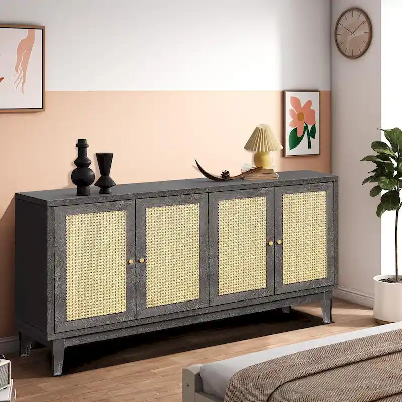 Roomfitters Armoire Buffet en Bois Fait Main de Qualité Supérieure avec 4 Portes en Rotin