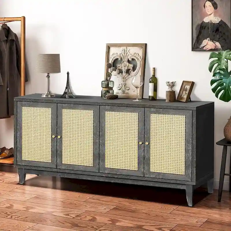 Roomfitters Armoire Buffet en Bois Fait Main de Qualité Supérieure avec 4 Portes en Rotin