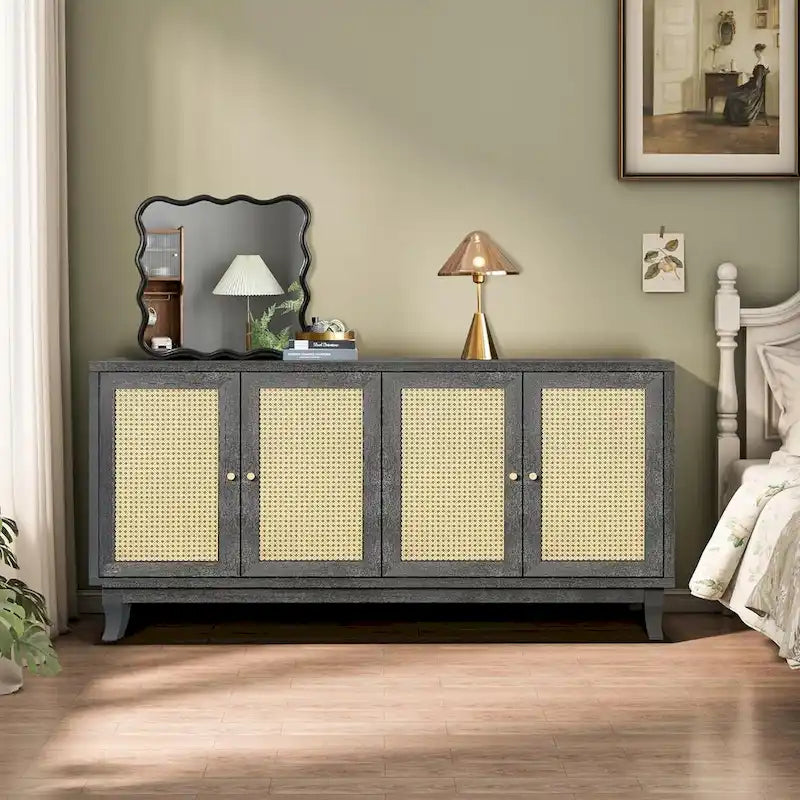 Roomfitters Armoire Buffet en Bois Fait Main de Qualité Supérieure avec 4 Portes en Rotin