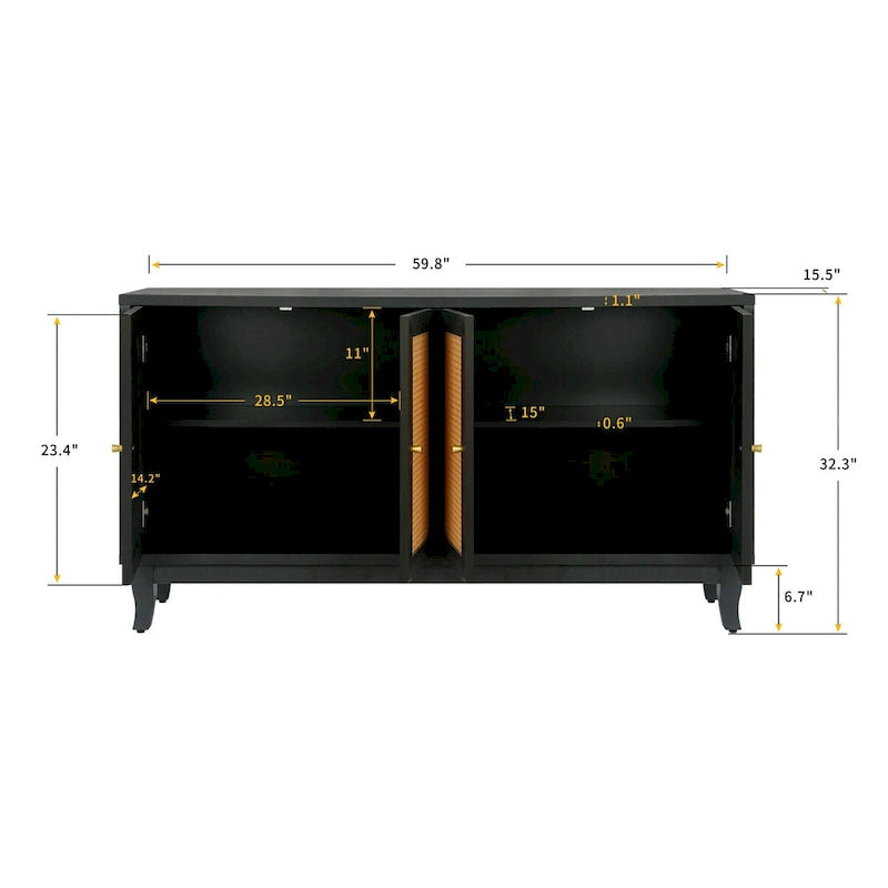 Roomfitters Armoire Buffet en Bois Fait Main de Qualité Supérieure avec 4 Portes en Rotin