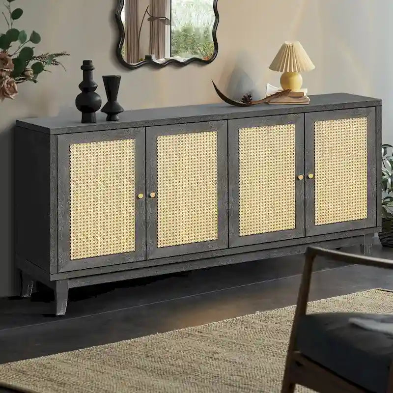 Roomfitters Armoire Buffet en Bois Fait Main de Qualité Supérieure avec 4 Portes en Rotin