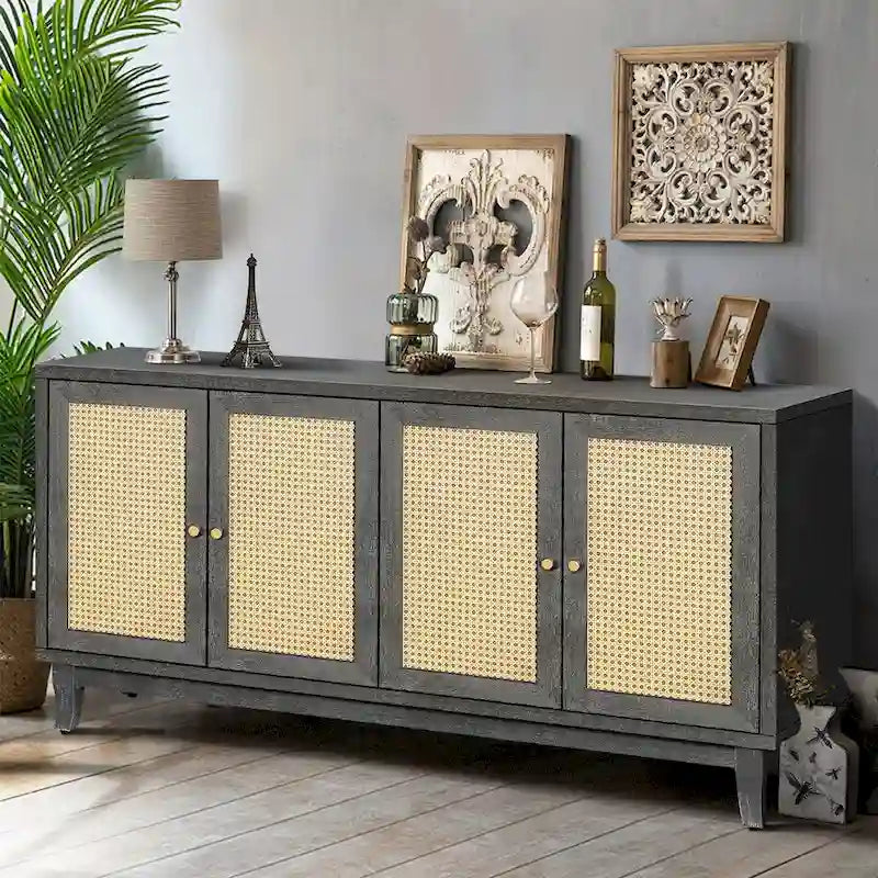 Roomfitters Armoire Buffet en Bois Fait Main de Qualité Supérieure avec 4 Portes en Rotin